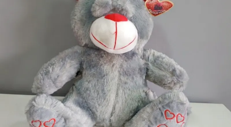 Gray teddy bear plush with red inner ears and red heart embroidery on its paws