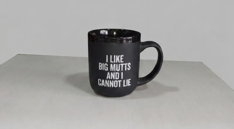 Matte black mug reading "I like big mutts and I cannot lie" - a pun for dog lovers