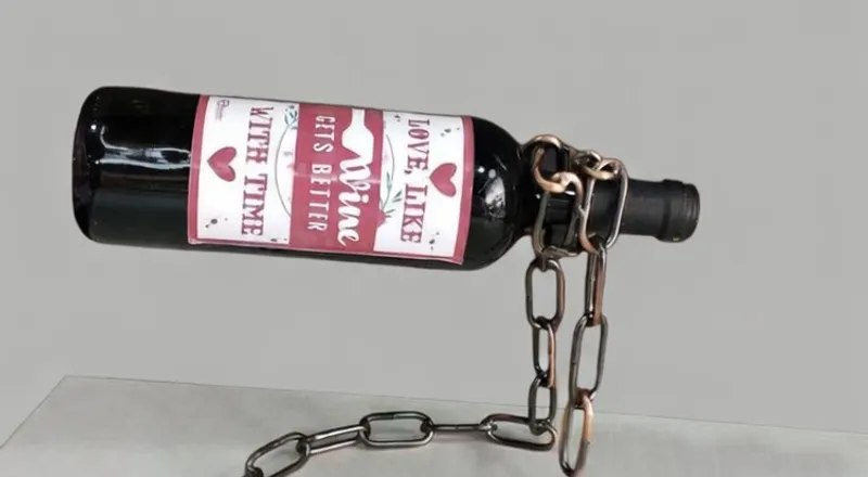 Antique bronze-tone floating chain wine bottle holder with Lebanese design, bottle not included