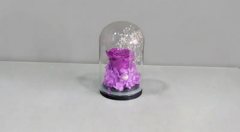 Beautiful pink preserved natural rose in elegant glass dome